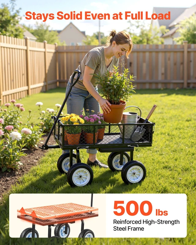 Alt view image 2 of 8 - VEVOR Garden Cart with Seat, 500 LBS, Rolling Steel Garden Work Seat with Wheels, Heavy Duty Gardening Stool, with Tool Tray & Adjustable Handle, Outdoor Yard Wagon, for Lawn, Patio, Backyard, Black