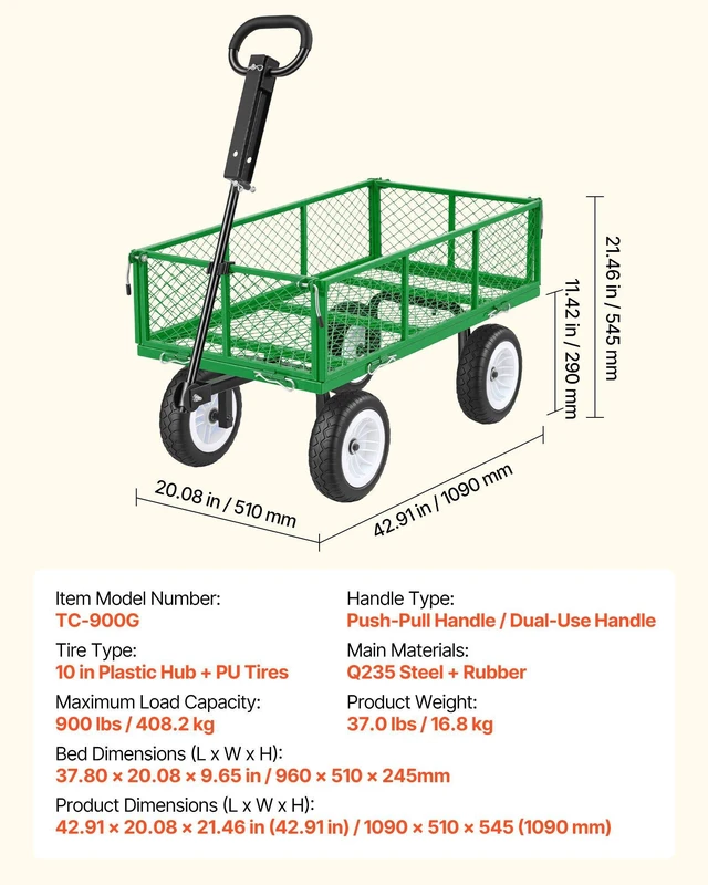 Alt view image 7 of 8 - VEVOR Garden Cart, 900 LBS, Heavy Duty Steel Yard and Garden Utility Wagon with 10-Inch Tires, Outdoor Gardening Stool with Adjustable Handle, Detachable Side Panels, Attach to ATV or Tractor, Green