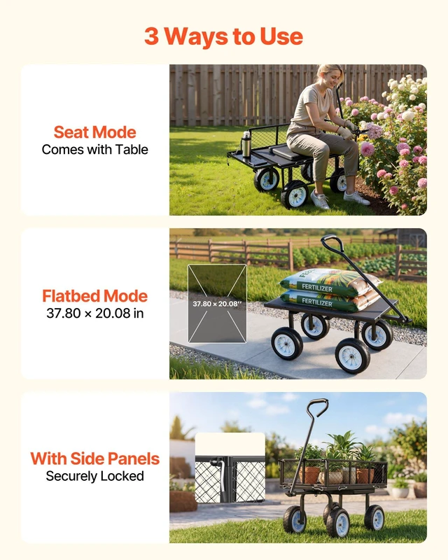 Alt view image 5 of 8 - VEVOR Garden Cart with Seat, 500 LBS, Rolling Steel Garden Work Seat with Wheels, Heavy Duty Gardening Stool, with Tool Tray & Adjustable Handle, Outdoor Yard Wagon, for Lawn, Patio, Backyard, Black