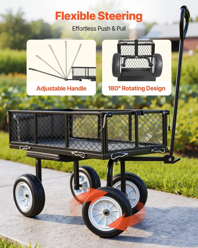 Alt view image 6 of 8 - VEVOR Garden Cart with Seat, 500 LBS, Rolling Steel Garden Work Seat with Wheels, Heavy Duty Gardening Stool, with Tool Tray & Adjustable Handle, Outdoor Yard Wagon, for Lawn, Patio, Backyard, Black
