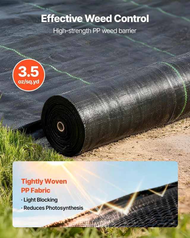 Alt view image 2 of 8 - VEVOR Weed Barrier Fabric Heavy Duty, 13x115FT 3.5oz Landscape Fabric, Woven Weed Blocker Fabrics, Garden Fabrics Weeds Barrier, Weeds Control Ground Cover, Geotextile Webbing, Gardening Mat, Black