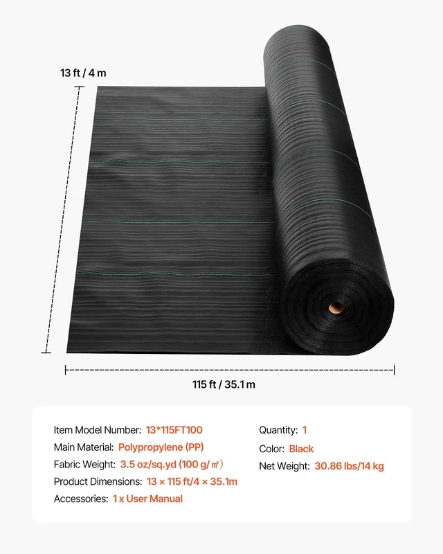 Alt view image 7 of 8 - VEVOR Weed Barrier Fabric Heavy Duty, 13x115FT 3.5oz Landscape Fabric, Woven Weed Blocker Fabrics, Garden Fabrics Weeds Barrier, Weeds Control Ground Cover, Geotextile Webbing, Gardening Mat, Black