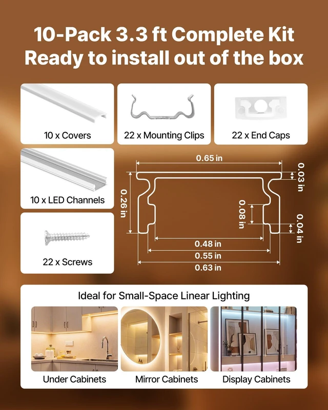 Alt view image 4 of 8 - VEVOR 10-Pack 3.3 ft/1M U Shape LED Aluminum Channel, with Milky Cover, End Caps and Mounting Clips, Aluminum Profile for LED Strip Light Installations, Easy Installation, for Under Cabinet Counter