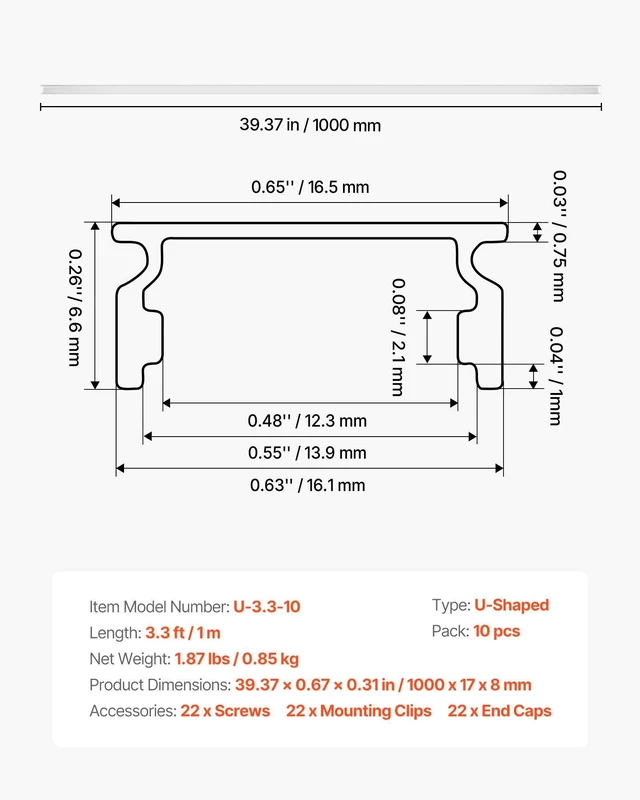 Alt view image 7 of 8 - VEVOR 10-Pack 3.3 ft/1M U Shape LED Aluminum Channel, with Milky Cover, End Caps and Mounting Clips, Aluminum Profile for LED Strip Light Installations, Easy Installation, for Under Cabinet Counter