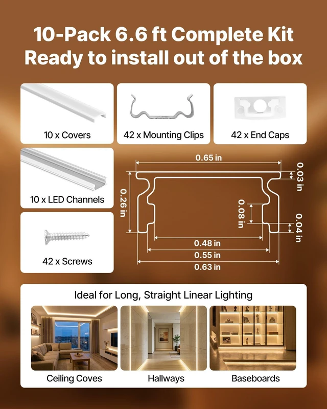 Alt view image 4 of 8 - VEVOR 10-Pack 6.6 ft/2M U Shape LED Aluminum Channel, with Milky Cover, End Caps and Mounting Clips, Aluminum Profile for LED Strip Light Installations, Easy Installation, for Under Cabinet Counter