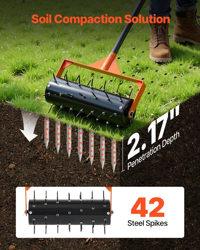 Alt view image 2 of 8 - VEVOR Rolling Lawn Aerator, 15 in Manual Push Aerator Roller with 42 Spikes & 60 in Long Handle, Fillable Drum for Added Weight, Heavy-Duty Lawn Soil Penetrator for Garden Yard Compacted Soils