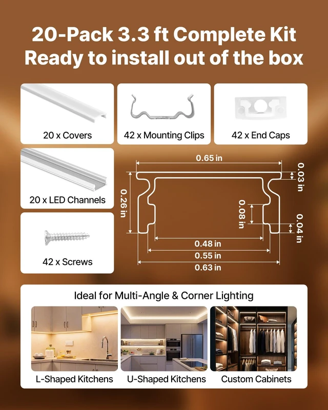Alt view image 4 of 8 - VEVOR 20-Pack 3.3 ft/1M U Shape LED Aluminum Channel, with Milky Cover, End Caps and Mounting Clips, Aluminum Profile for LED Strip Light Installations, Easy Installation, for Under Cabinet Counter