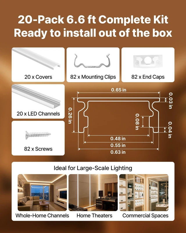 Alt view image 4 of 8 - VEVOR 20-Pack 6.6 ft/2M U Shape LED Aluminum Channel, with Milky Cover, End Caps and Mounting Clips, Aluminum Profile for LED Strip Light Installations, Easy Installation, for Under Cabinet Counter