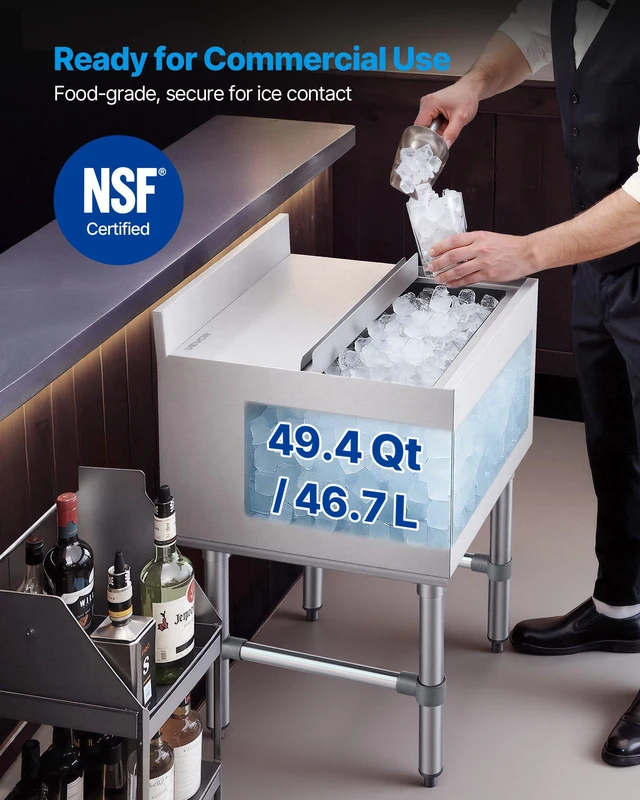Alt view image 2 of 8 - VEVOR Commercial Ice Bin, 49.4 Qt Max Capacity, 18 x 18 x 33 Inch Stainless Steel Ice Chest with Sliding Lid and Bottle Holders, Cooler Cart Cocktail Unit for Bar Restaurant Pub, NSF Certified