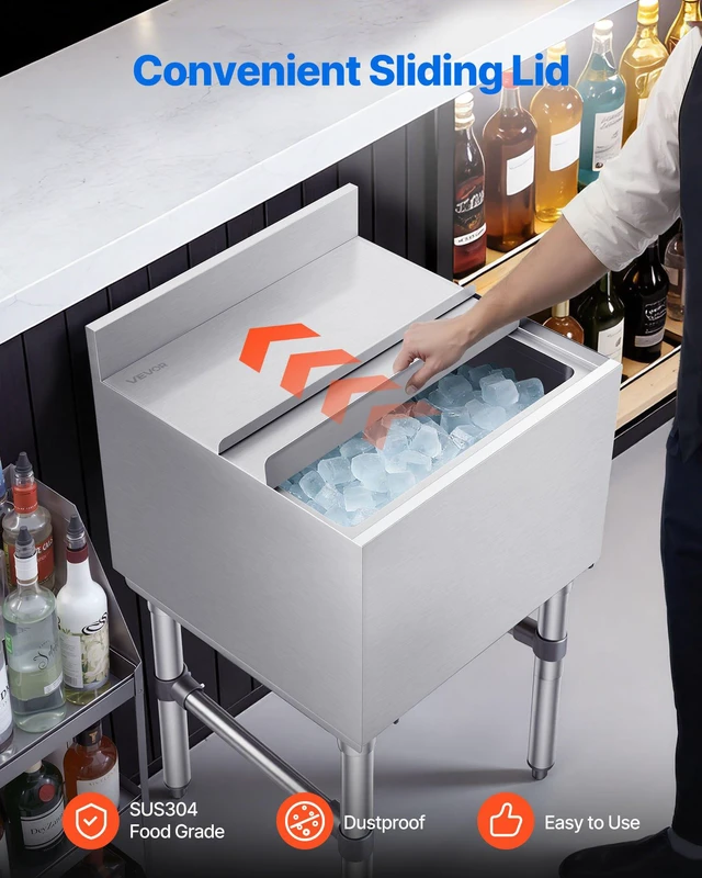 Alt view image 6 of 8 - VEVOR Commercial Ice Bin, 49.4 Qt Max Capacity, 18 x 18 x 33 Inch Stainless Steel Ice Chest with Sliding Lid and Bottle Holders, Cooler Cart Cocktail Unit for Bar Restaurant Pub, NSF Certified