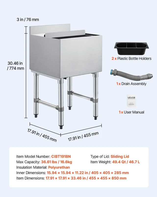 Alt view image 7 of 8 - VEVOR Commercial Ice Bin, 49.4 Qt Max Capacity, 18 x 18 x 33 Inch Stainless Steel Ice Chest with Sliding Lid and Bottle Holders, Cooler Cart Cocktail Unit for Bar Restaurant Pub, NSF Certified