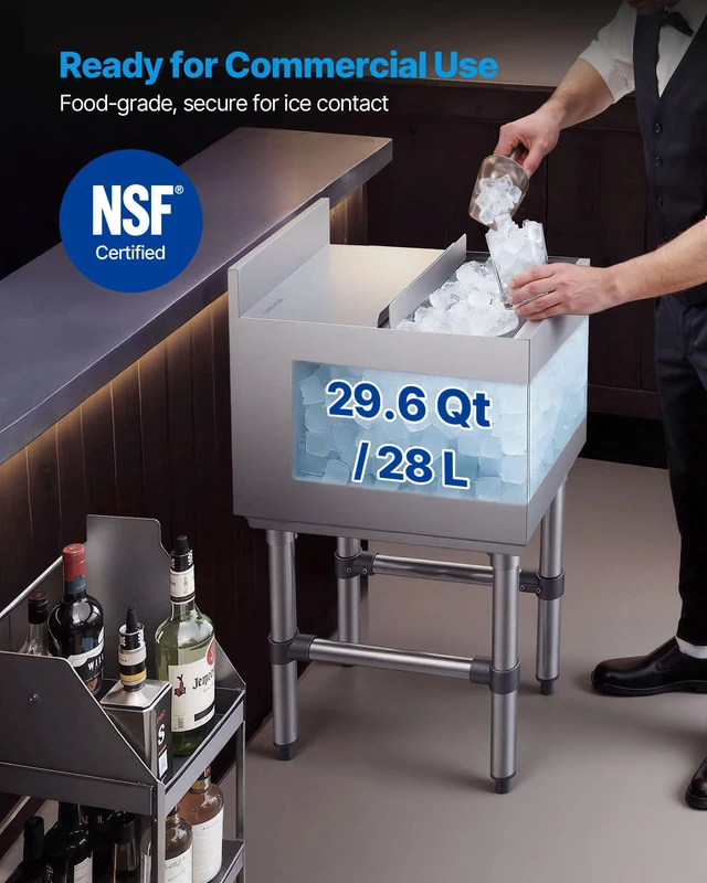 Alt view image 2 of 8 - VEVOR Commercial Ice Bin, 29.6 Qt Max Capacity, 12 x 19 x 33 Inch Stainless Steel Ice Chest with Sliding Lid and Bottle Holders, Cooler Cart Cocktail Unit for Bar Restaurant Pub, NSF Certified