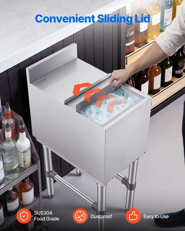 Alt view image 6 of 8 - VEVOR Commercial Ice Bin, 29.6 Qt Max Capacity, 12 x 19 x 33 Inch Stainless Steel Ice Chest with Sliding Lid and Bottle Holders, Cooler Cart Cocktail Unit for Bar Restaurant Pub, NSF Certified