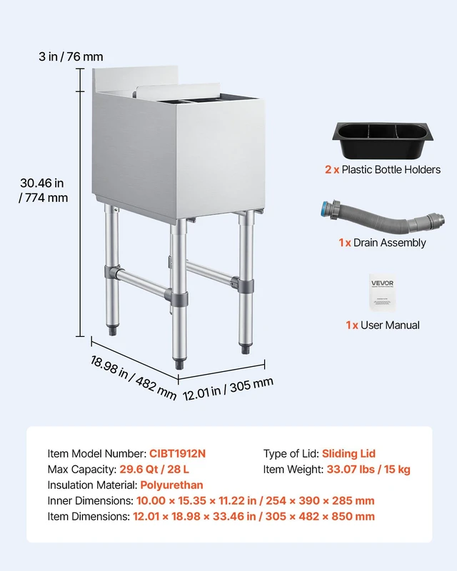 Alt view image 7 of 8 - VEVOR Commercial Ice Bin, 29.6 Qt Max Capacity, 12 x 19 x 33 Inch Stainless Steel Ice Chest with Sliding Lid and Bottle Holders, Cooler Cart Cocktail Unit for Bar Restaurant Pub, NSF Certified