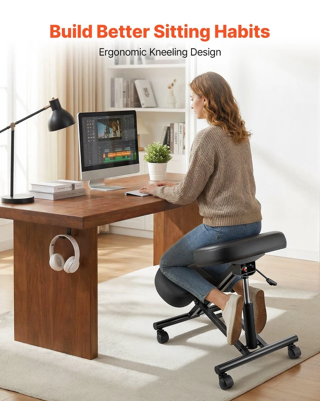 Alt view image 2 of 8 - VEVOR Ergonomic Kneeling Chair with Wheels, Mobile X-Shaped Posture Knee Chair with Adjustable Height & Thick Foam Cushions, Natural Relief for Neck or Back Pain for Home, Office or Meditation, Black