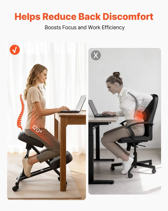 Alt view image 3 of 8 - VEVOR Ergonomic Kneeling Chair with Wheels, Mobile X-Shaped Posture Knee Chair with Adjustable Height & Thick Foam Cushions, Natural Relief for Neck or Back Pain for Home, Office or Meditation, Black