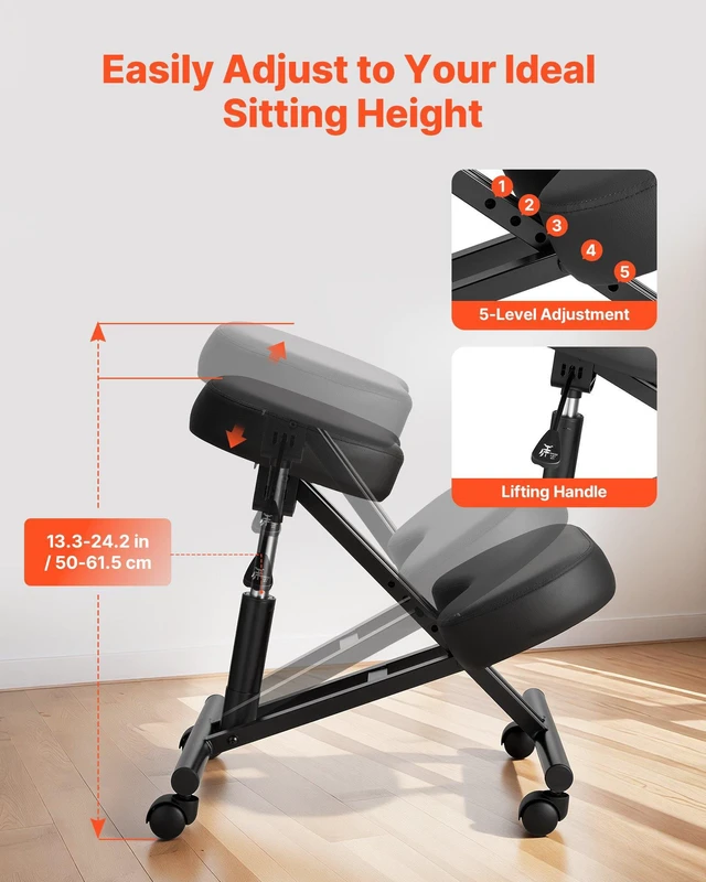 Alt view image 4 of 8 - VEVOR Ergonomic Kneeling Chair with Wheels, Mobile X-Shaped Posture Knee Chair with Adjustable Height & Thick Foam Cushions, Natural Relief for Neck or Back Pain for Home, Office or Meditation, Black