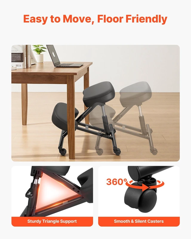 Alt view image 6 of 8 - VEVOR Ergonomic Kneeling Chair with Wheels, Mobile X-Shaped Posture Knee Chair with Adjustable Height & Thick Foam Cushions, Natural Relief for Neck or Back Pain for Home, Office or Meditation, Black