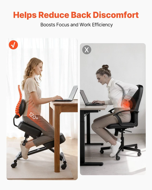 Alt view image 3 of 8 - VEVOR Ergonomic Kneeling Chair with Backrest & Wheels, Mobile X-Shaped Posture Knee Chair with Adjustable Height & Thick Foam Cushions, Relief for Neck or Back Pain for Home, Office, Meditation, Black