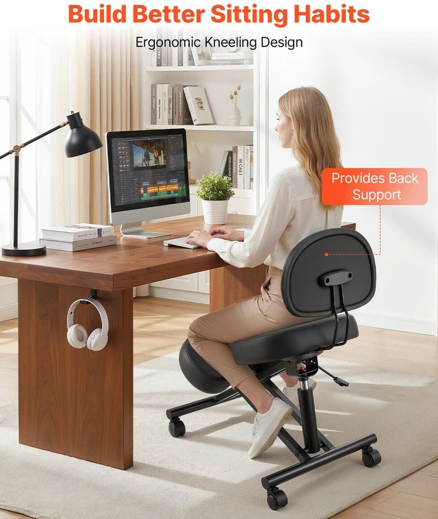 Alt view image 2 of 8 - VEVOR Ergonomic Kneeling Chair with Backrest & Wheels, Mobile X-Shaped Posture Knee Chair with Adjustable Height & Thick Foam Cushions, Relief for Neck or Back Pain for Home, Office, Meditation, Black