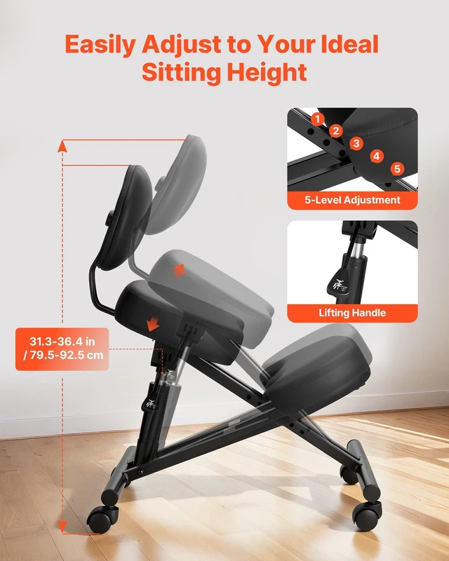 Alt view image 4 of 8 - VEVOR Ergonomic Kneeling Chair with Backrest & Wheels, Mobile X-Shaped Posture Knee Chair with Adjustable Height & Thick Foam Cushions, Relief for Neck or Back Pain for Home, Office, Meditation, Black