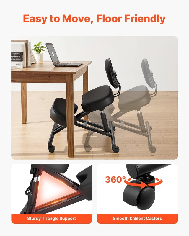 Alt view image 6 of 8 - VEVOR Ergonomic Kneeling Chair with Backrest & Wheels, Mobile X-Shaped Posture Knee Chair with Adjustable Height & Thick Foam Cushions, Relief for Neck or Back Pain for Home, Office, Meditation, Black