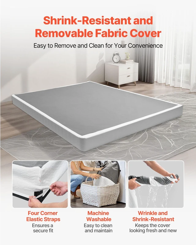 Alt view image 4 of 8 - VEVOR Box Spring, Queen Size Bed Frame with Washable Fabric Cloth, Heavy Duty Metal Frame for Queen Bed, 5.1 in Mattress Foundation, 3500 lbs Max Weight Capacity, Easy Assembly, 79.1 x 59.6 x 5.1 in
