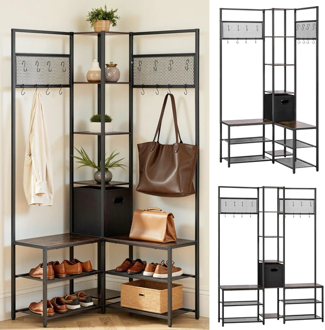 Main image of VEVOR Corner Hall Tree with Shoe Bench, 70.9 in Coat Rack with Hooks and Steel Frame, Freestanding Clothes Shoes Rack Storage Organizer with Anti-Tip Set, for Entrance, Closet, Office, Rustic Brown