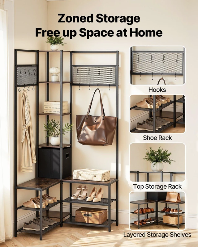Alt view image 2 of 8 - VEVOR Corner Hall Tree with Shoe Bench, 70.9 in Coat Rack with Hooks and Steel Frame, Freestanding Clothes Shoes Rack Storage Organizer with Anti-Tip Set, for Entrance, Closet, Office, Rustic Brown
