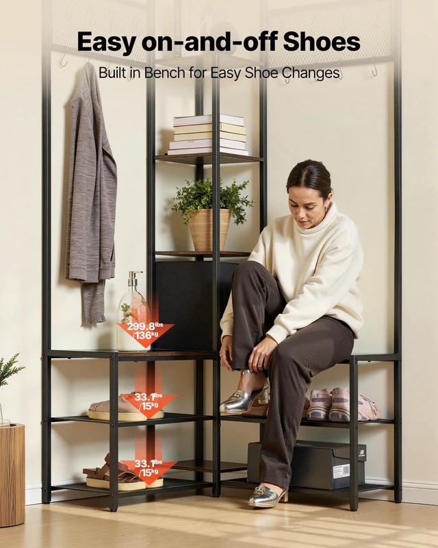 Alt view image 4 of 8 - VEVOR Corner Hall Tree with Shoe Bench, 70.9 in Coat Rack with Hooks and Steel Frame, Freestanding Clothes Shoes Rack Storage Organizer with Anti-Tip Set, for Entrance, Closet, Office, Rustic Brown