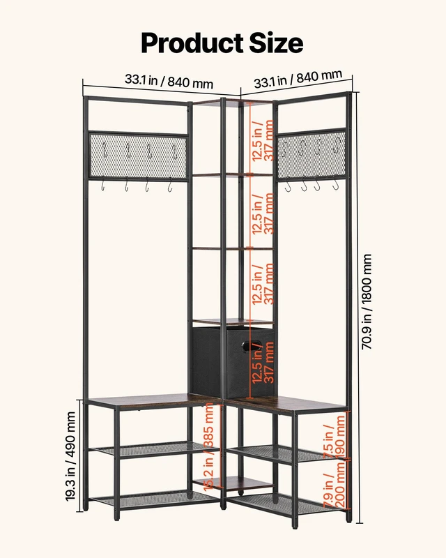 Alt view image 5 of 8 - VEVOR Corner Hall Tree with Shoe Bench, 70.9 in Coat Rack with Hooks and Steel Frame, Freestanding Clothes Shoes Rack Storage Organizer with Anti-Tip Set, for Entrance, Closet, Office, Rustic Brown