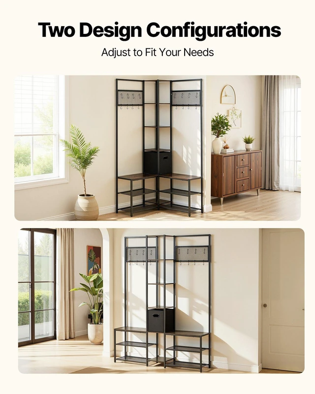 Alt view image 6 of 8 - VEVOR Corner Hall Tree with Shoe Bench, 70.9 in Coat Rack with Hooks and Steel Frame, Freestanding Clothes Shoes Rack Storage Organizer with Anti-Tip Set, for Entrance, Closet, Office, Rustic Brown