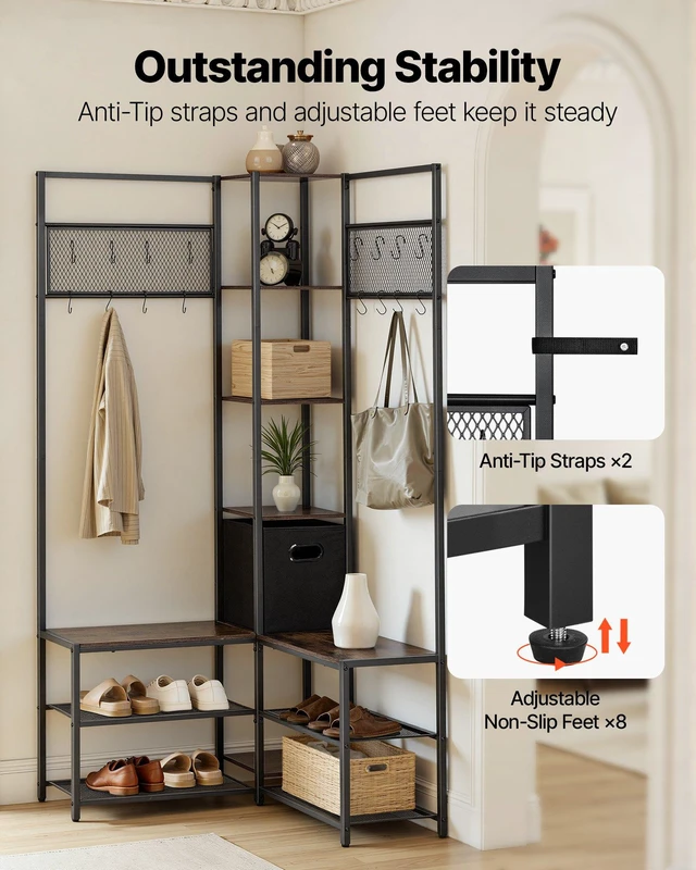 Alt view image 7 of 8 - VEVOR Corner Hall Tree with Shoe Bench, 70.9 in Coat Rack with Hooks and Steel Frame, Freestanding Clothes Shoes Rack Storage Organizer with Anti-Tip Set, for Entrance, Closet, Office, Rustic Brown