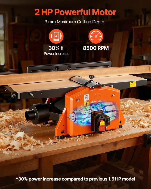 Alt view image 3 of 8 - VEVOR Spiral Benchtop Jointer, 8 Inch, 2 HP 8500 RPM Bench Top Wood Jointer, with 18-Blade Spiral Cutterhead, Extendable Cast Aluminum Table, Up to 1/8 in Depth, Adjustable Fence, for Woodworking DIY