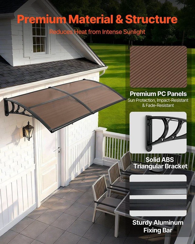 Alt view image 4 of 8 - VEVOR Awnings for Door Entrance, 38 x 78 in, Exterior Front Door Window Awnings with Drainage & Metal Bracket, Rain Snow Sun Protection, Overhang Polycarbonate Door Canopy for Porch Patio, Brown