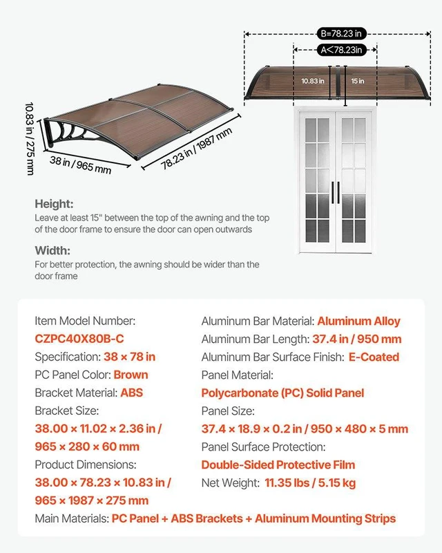 Alt view image 7 of 8 - VEVOR Awnings for Door Entrance, 38 x 78 in, Exterior Front Door Window Awnings with Drainage & Metal Bracket, Rain Snow Sun Protection, Overhang Polycarbonate Door Canopy for Porch Patio, Brown