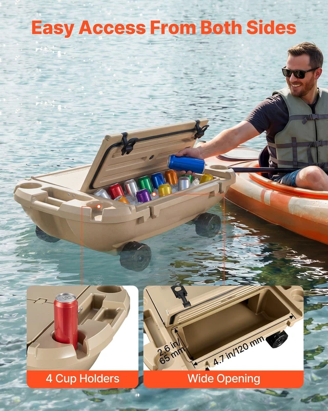 Alt view image 5 of 8 - VEVOR Floating Cooler, 40 QT Floating Ice Chest with Dry Storage, Wheels & Tow Rope, Premium LLDPE Amphibious Drink Cooler for Water & Land, Stable Cruiser on Lake, River, Pool, Beach, Kayak, Apricot