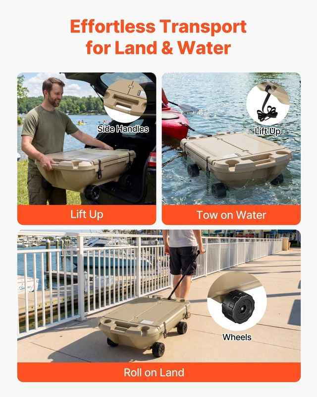 Alt view image 6 of 8 - VEVOR Floating Cooler, 40 QT Floating Ice Chest with Dry Storage, Wheels & Tow Rope, Premium LLDPE Amphibious Drink Cooler for Water & Land, Stable Cruiser on Lake, River, Pool, Beach, Kayak, Apricot