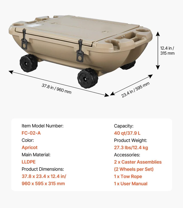 Alt view image 7 of 8 - VEVOR Floating Cooler, 40 QT Floating Ice Chest with Dry Storage, Wheels & Tow Rope, Premium LLDPE Amphibious Drink Cooler for Water & Land, Stable Cruiser on Lake, River, Pool, Beach, Kayak, Apricot
