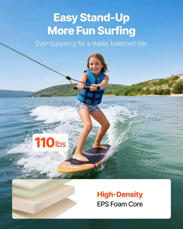 Alt view image 3 of 8 - VEVOR 45-Inch Wakesurf Board, Wake Surfing Board with EPS Foam Core & EVA Non-Slip Pad, UV-Resistant Wakesurfing Boards for Youth Up to 110 lbs
