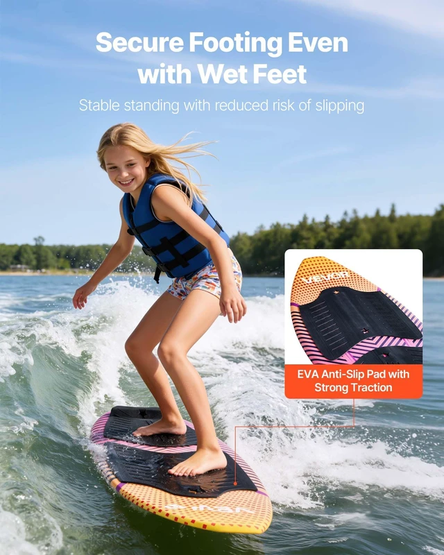 Alt view image 4 of 8 - VEVOR 45-Inch Wakesurf Board, Wake Surfing Board with EPS Foam Core & EVA Non-Slip Pad, UV-Resistant Wakesurfing Boards for Youth Up to 110 lbs
