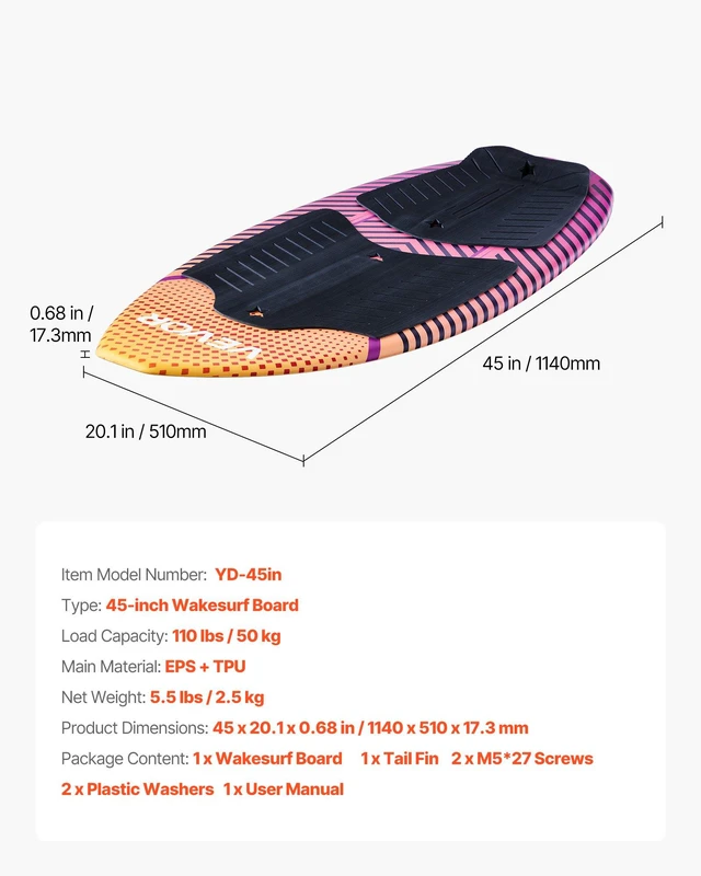 Alt view image 7 of 8 - VEVOR 45-Inch Wakesurf Board, Wake Surfing Board with EPS Foam Core & EVA Non-Slip Pad, UV-Resistant Wakesurfing Boards for Youth Up to 110 lbs