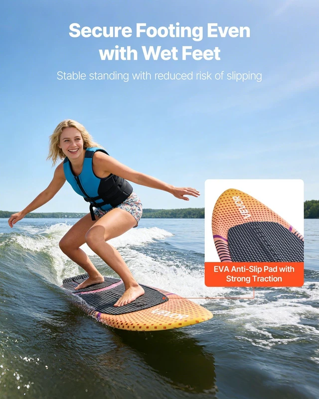 Alt view image 4 of 8 - VEVOR 63-Inch Wakesurf Board, Wake Surfing Board with EPS Foam Core, EVA Non-Slip Pad & 3 Tail Fins, UV-Resistant Wakesurfing Boards for Adults Up to 250 lbs