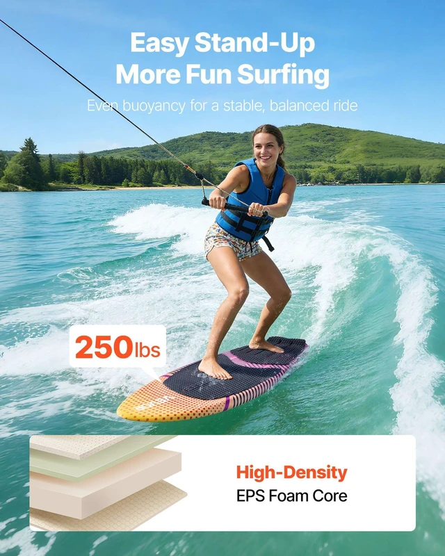 Alt view image 3 of 8 - VEVOR 63-Inch Wakesurf Board, Wake Surfing Board with EPS Foam Core, EVA Non-Slip Pad & 3 Tail Fins, UV-Resistant Wakesurfing Boards for Adults Up to 250 lbs