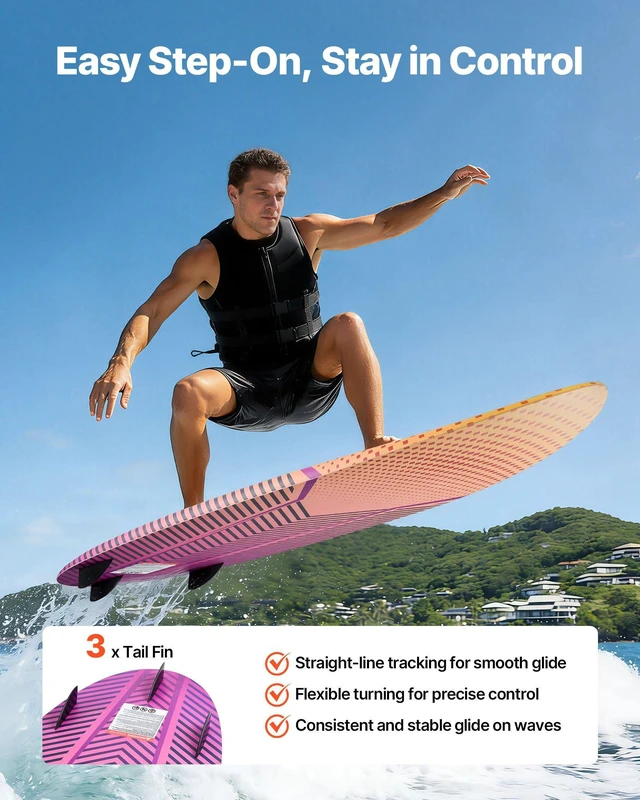 Alt view image 5 of 8 - VEVOR 63-Inch Wakesurf Board, Wake Surfing Board with EPS Foam Core, EVA Non-Slip Pad & 3 Tail Fins, UV-Resistant Wakesurfing Boards for Adults Up to 250 lbs