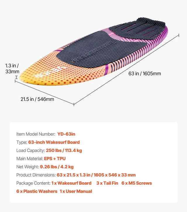 Alt view image 7 of 8 - VEVOR 63-Inch Wakesurf Board, Wake Surfing Board with EPS Foam Core, EVA Non-Slip Pad & 3 Tail Fins, UV-Resistant Wakesurfing Boards for Adults Up to 250 lbs