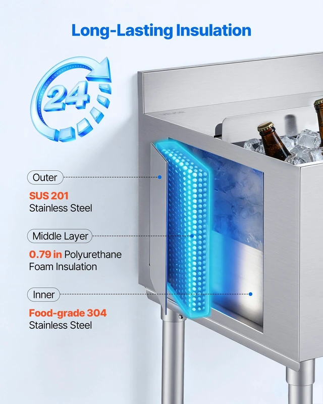 Alt view image 3 of 8 - VEVOR Commercial Ice Bin, 49.4 Qt Max Capacity, 18 x 18 x 33 Inch Stainless Steel Ice Chest with Sliding Lid and Bottle Holders, Cooler Cart Cocktail Unit for Bar Restaurant Pub, NSF Certified