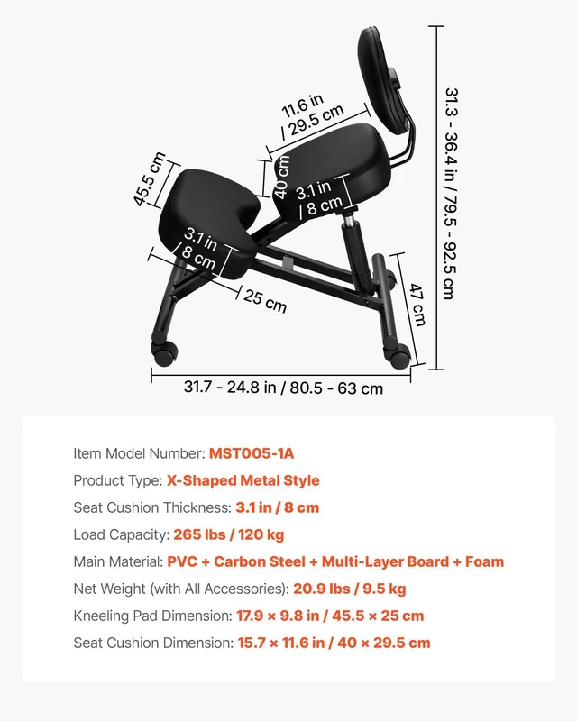 Alt view image 7 of 8 - VEVOR Ergonomic Kneeling Chair with Backrest & Wheels, Mobile X-Shaped Posture Knee Chair with Adjustable Height & Thick Foam Cushions, Relief for Neck or Back Pain for Home, Office, Meditation, Black