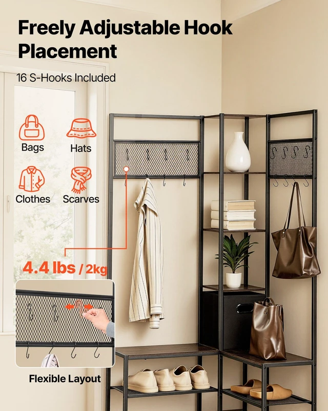 Alt view image 3 of 8 - VEVOR Corner Hall Tree with Shoe Bench, 70.9 in Coat Rack with Hooks and Steel Frame, Freestanding Clothes Shoes Rack Storage Organizer with Anti-Tip Set, for Entrance, Closet, Office, Rustic Brown