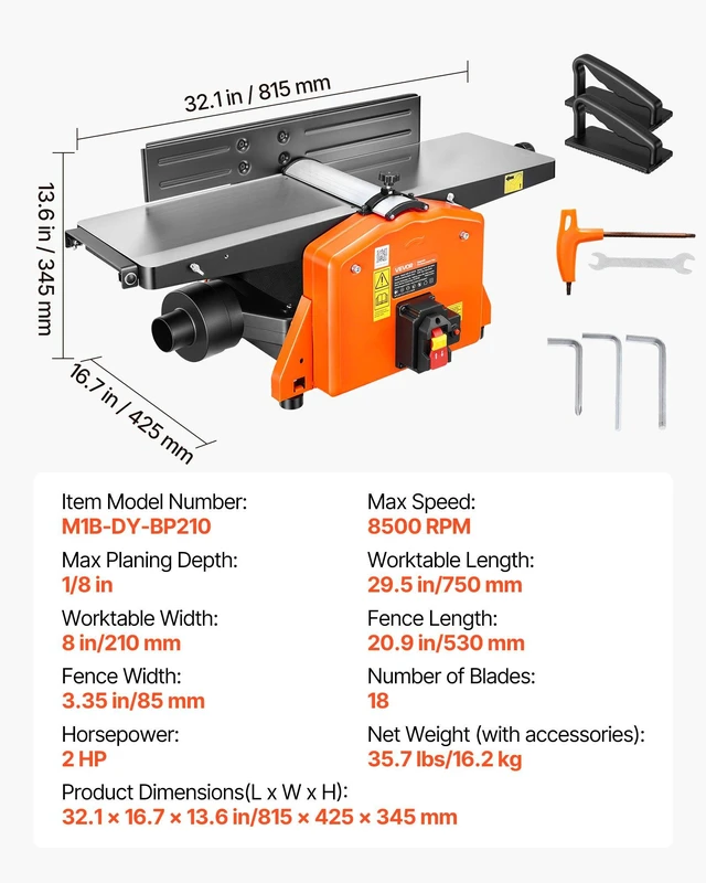 Alt view image 7 of 8 - VEVOR Spiral Benchtop Jointer, 8 Inch, 2 HP 8500 RPM Bench Top Wood Jointer, with 18-Blade Spiral Cutterhead, Extendable Cast Aluminum Table, Up to 1/8 in Depth, Adjustable Fence, for Woodworking DIY